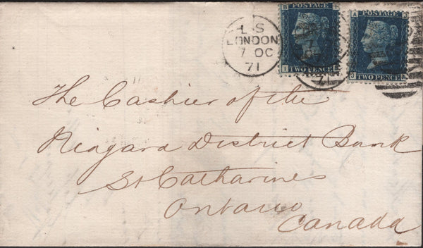 139201 1871 MAIL LONDON TO ONTARIO WITH 2D BLUE PL.13 (SG47) X 2.