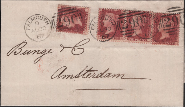 139219 1867 MAIL FALMOUTH TO AMSTERDAM WITH 1D (SG43) X 4.