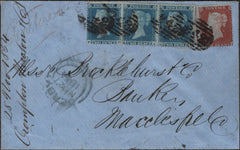 139224 1854 REGISTERED MAIL DERBY TO MACCLESFIELD WITH 1D (SG17) AND 2D (SG20) X 3.
