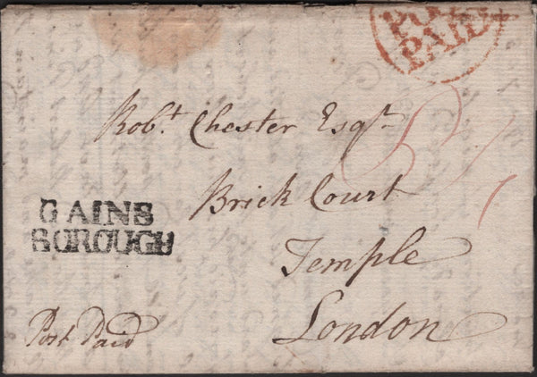 139236 1780 MAIL GAINSBOROUGH, LINCS TO LONDON WITH 'GAINS/BOROUGH' HANDSTAMP (LI325).