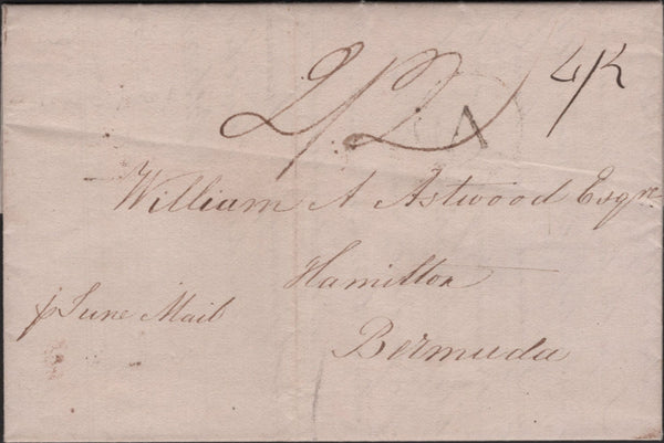 139237 1834 MAIL LONDON TO BERMUDA WITH THE VERY RARE 'A' WITHIN CIRCLE LONDON HANDSTAMP 'ISSUED TO THE WEST INDIA ROOM' (L1045).