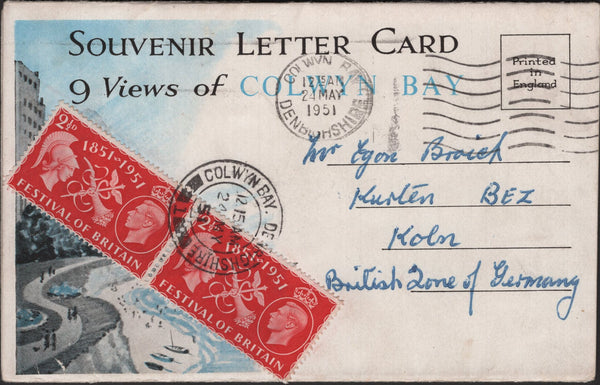 139243 1951 'SOUVENIR LETTER CARD' COLWYN BAY TO KOLN, 'BRITISH ZONE OF GERMANY'.