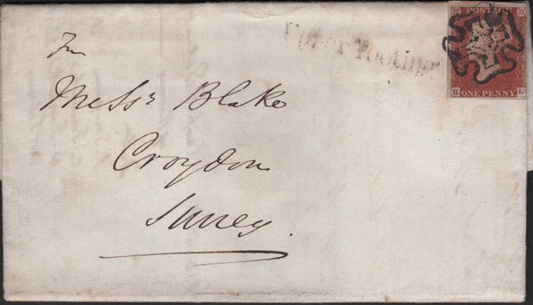 139249 1843 MAIL UPPER TOOTING TO CROYDON WITH 'TOOTING' COUNTRY SORTING OFFICE DATE STAMP.