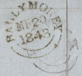 139270 1843 MAIL BALLYHIBISTOCK, CO. ANTRIM TO BALLYMONEY, 1D PL.27 (SG8), 'DERVOCK 'UDC.