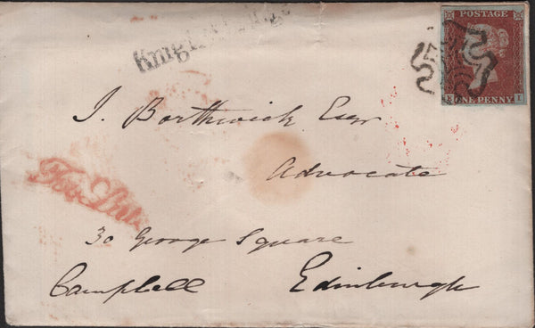 139271 1843 MAIL LONDON TO EDINBURGH, 1D PL.26 (SG8) (EI) with 'Too Late' HANDSTAMP IN RED.