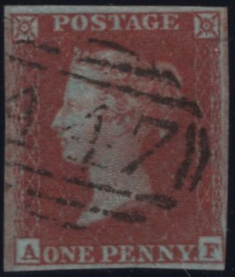 139281 1852 1D PL.132 (SG8)(AF) MISSING IMPRIMATUR LETTERING, GOOD TO FINE USED.
