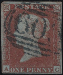139283 1852 1D PL.139 (SG8)(AC) FINE USED WITH BLUE CANCELLATION, MISSING IMPRIMATUR LETTERING.
