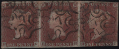 139289 1842 1D PL.30 (SG8) TWO STRIPS OF THREE ALL MISSING IMPRIMATUR LETTERING WITH LONDON NO. '7' IN MALTESE CROSS.