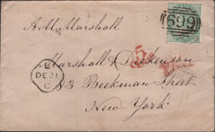 139296 1858 MAIL SAFFRON WALDEN, ESSEX TO NEW YORK WITH 1S PALE GREEN (SG73), '669' NUMERAL OF SAFFRON WALDEN.