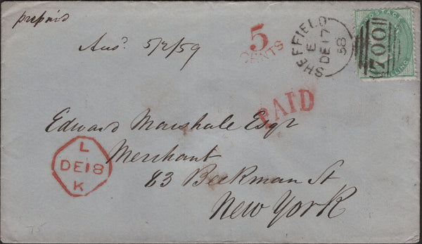 139297 1858 MAIL SHEFFIELD TO NEW YORK WITH 1S GREEN (SG72).