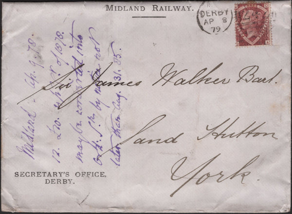 139298 1879 MAIL DERBY TO YORK WITH 1½D PL.3 (SG51)(OA).