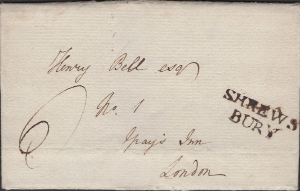 139301 1796 MAIL SHREWSBURY TO LONDON WITH 'SHREWS/BURY' TWO LINE HAND STAMP, UNRECORDED IN COUNTY CATALOGUE.