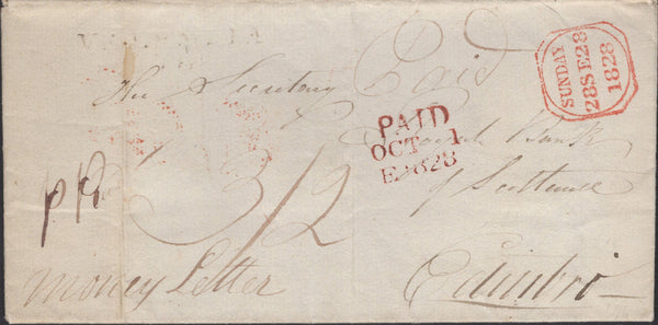 139305 1828 'Money Letter' FROM COUNTY KERRY, IRELAND TO EDINBURGH WITH 'SUNDAY' HAND STAMP.