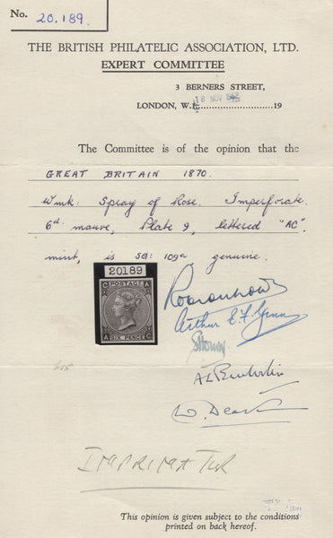 139310 1870 6D MAUVE PL.9 ERROR IMPERFORATE (SG109a) LETTERED AC MATCHED WITH IMPRIMATUR.