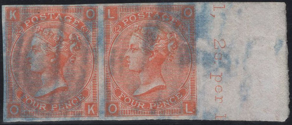 139314 1870 4D VERMILION PL.12 (SG94) IMPERFORATE PAIR DR PERKINS BLUED PAPER (SPEC J59u).