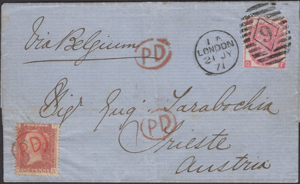 139320 1871 MAIL LONDON TO TRIESTE, AUSTRIA WITH 3D ROSE (SG103) AND 1D PL.148 (SG43), LATTER CANCELLED 'PD' OVAL HAND STAMP IN RED.
