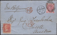 139320 1871 MAIL LONDON TO TRIESTE, AUSTRIA WITH 3D ROSE (SG103) AND 1D PL.148 (SG43), LATTER CANCELLED 'PD' OVAL HAND STAMP IN RED.