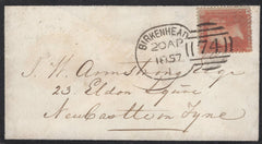 139321 1857 MOURNING ENVELOPE BIRKENHEAD TO NEWCASTLE ON TYNE WITH 'BIRKENHEAD/74' SPOON CANCELLATION (RA1).