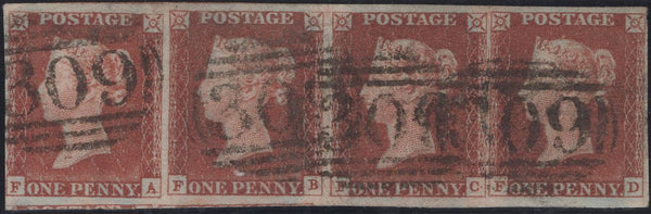 139331 1844 1D PL.52 (SG8) HORIZONTAL STRIP OF FOUR LETTERED FA FB FC FD.