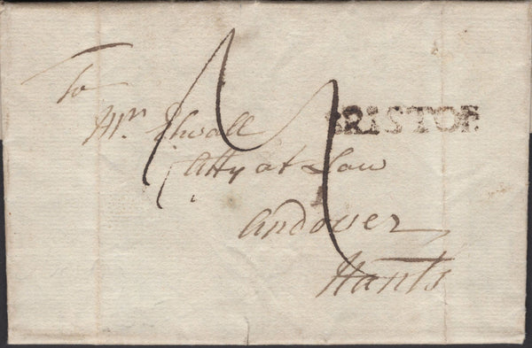 139347 1786 MAIL OLVESTON, BRISTOL TO ANDOVER WITH 'BRISTOL' STRAIGHT LINE HAND STAMP.