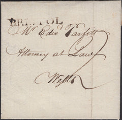 139348 1789 MAIL BRISTOL TO WELLS, SOMERSET WITH 'BRISTOL' STRAIGHT LINE HAND STAMP.