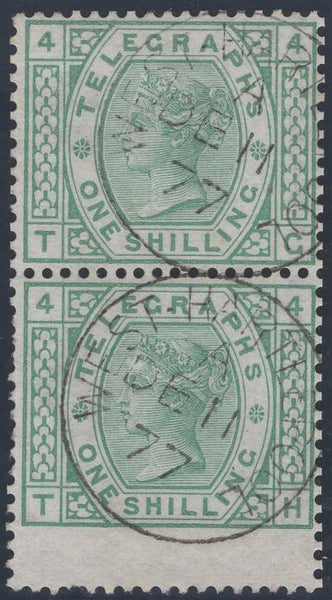 139387 1877 1S GREEN TELEGRAPH PL.4 (T8/L218) GOOD USED BLOCK OF FOUR.