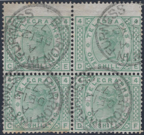 139389 1877 1S GREEN TELEGRAPH PL.4 (T8/L218) FINE USED BLOCK OF FOUR.