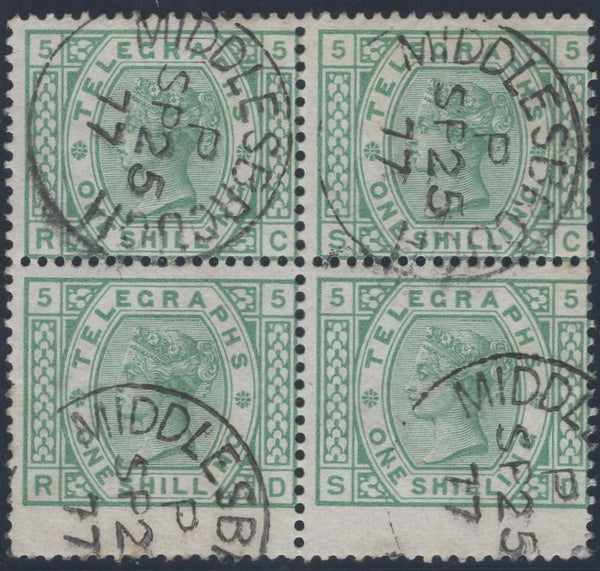 139395 1877 1S GREEN TELEGRAPH PL.5 (T8/L219) GOOD TO FINE USED BLOCK OF FOUR.