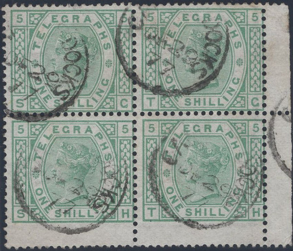 139396 1877 1S GREEN TELEGRAPH PL.5 (T8/L219) FINE USED BLOCK OF FOUR.