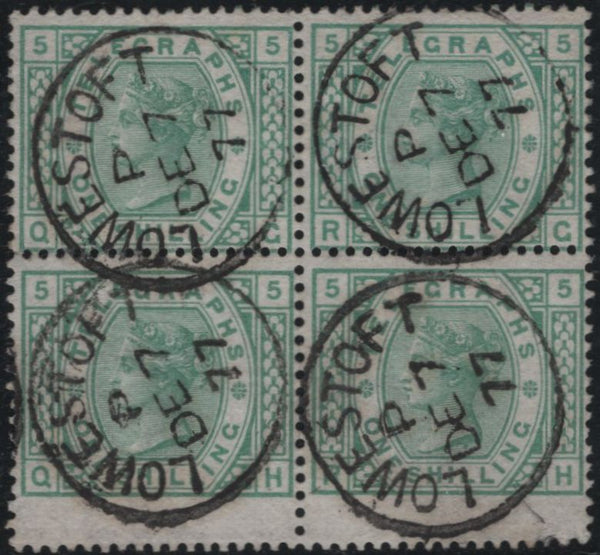 139397 1877 1S GREEN TELEGRAPH PL.5 (T8/L219) VERY FINE USED BLOCK OF FOUR.