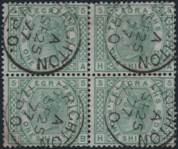 139398 1877 1S GREEN TELEGRAPH PL.5 (T8/L219) GOOD TO FINE USED BLOCK OF FOUR.