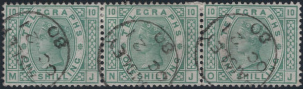 139403 1880 1S GREEN TELEGRAPH PL.10 (T8/L224) VERY FINE USED STRIP OF THREE.
