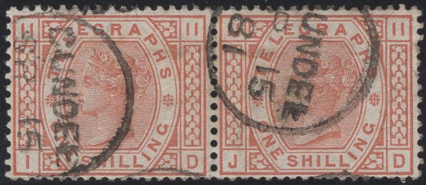 139404 1881 1S ORANGE-BROWN TELEGRAPH PL.11 WMK CROWN (T10/L227) GOOD TO FINE USED PAIR.