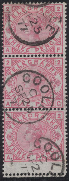 139411 1876 3D CARMINE TELEGRAPH PL.2 (T3/L206) VERY FINE USED STRIP OF THREE.