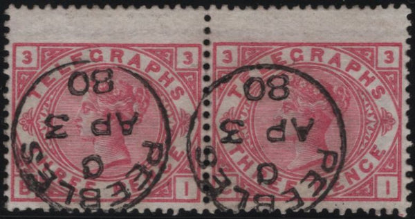 139418 1876 3D CARMINE TELEGRAPH PL.3 WMK SPRAY OF ROSE (T3/L207) GOOD USED PAIR.