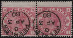 139418 1876 3D CARMINE TELEGRAPH PL.3 WMK SPRAY OF ROSE (T3/L207) GOOD USED PAIR.