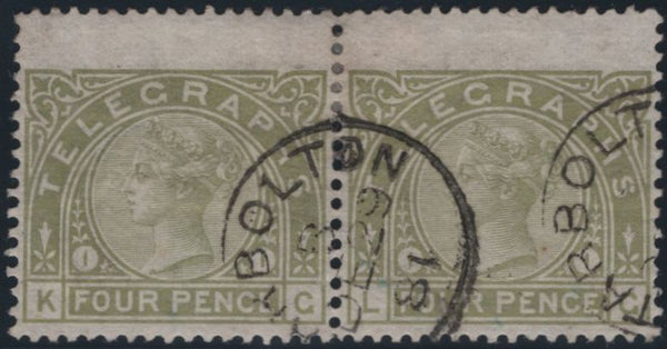 139420 1877 4D SAGE-GREEN TELEGRAPH PL.1 (T5/L211) VERY FINE USED PAIR.