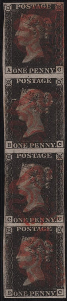 139428 1840 1D BLACK PL.1B (SG2) GOOD TO FINE USED VERTICAL STRIP OF FOUR.