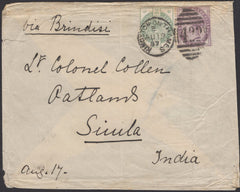 139430 1887 MAIL KINGSTON ON THAMES TO SIMLA, INDIA WITH 9D GREEN (SG195) AND 1D LILAC (SG172).