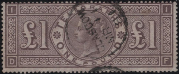139433 1877 £1 BROWN-LILAC TELEGRAPH (T17/L236) GOOD USED.