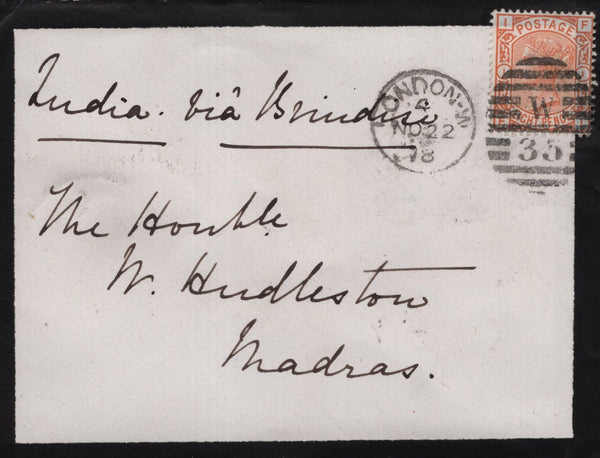 139436 1878 MOURNING ENVELOPE LONDON TO MADRAS WITH VERY FINE 8D ORANGE (SG156).