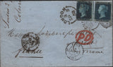 139448 1858 MAIL LONDON TO FRANCE WITH 2D BLUE PL.6 L.C.16 (SG36a) X 2.