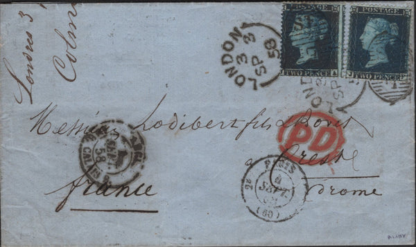 139448 1858 MAIL LONDON TO FRANCE WITH 2D BLUE PL.6 L.C.16 (SG36a) X 2.