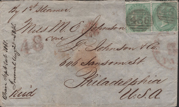 139451 1861 MAIL LIVERPOOL TO PHILADELPHIA WITH PAIR 1S PALE GREEN (SG73).