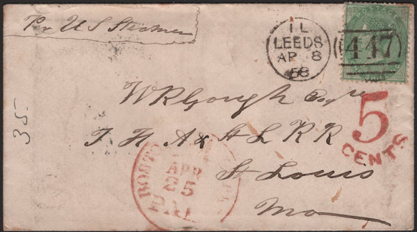139454 1858 MAIL LEEDS TO USA WITH 1S GREEN (SG72) AND 'WOODLESFORD' UDC.