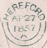 139456 1857 MAIL GLOUCESTER TO BROADWAY, WORCS WITH 'GLOUCESTER/312' SPOON (RA37) AND 'MISSENT-TO/HEREFORD' HAND STAMP (HF172).