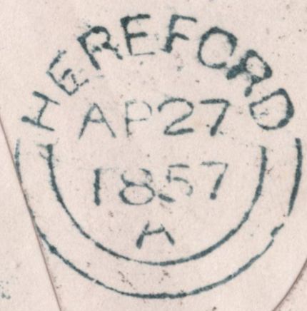 139456 1857 MAIL GLOUCESTER TO BROADWAY, WORCS WITH 'GLOUCESTER/312' SPOON (RA37) AND 'MISSENT-TO/HEREFORD' HAND STAMP (HF172).