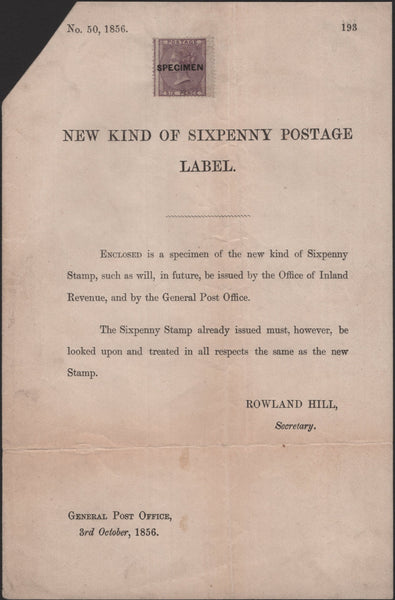 139460 1856 ORIGINAL POSTAL NOTICE RE 6D LILAC (SG68/70).