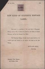139460 1856 ORIGINAL POSTAL NOTICE RE 6D LILAC (SG68/70).