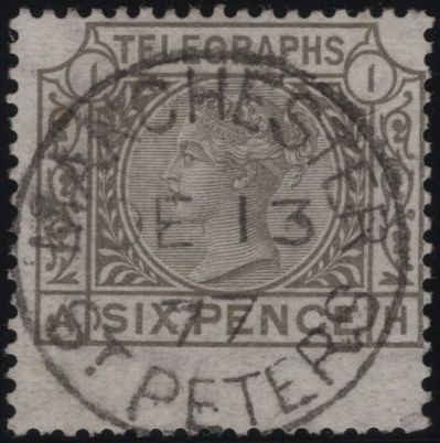 139472 1877 6D GREY TELEGRAPH PL.1 WMK SPRAY (T6/L212) VERY FINE USED.